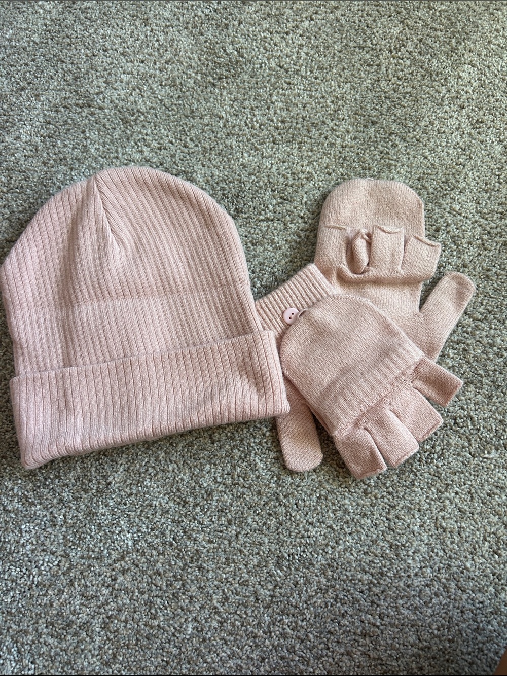 Pink Knit Beanie and Convertible Fingerless Gloves Set